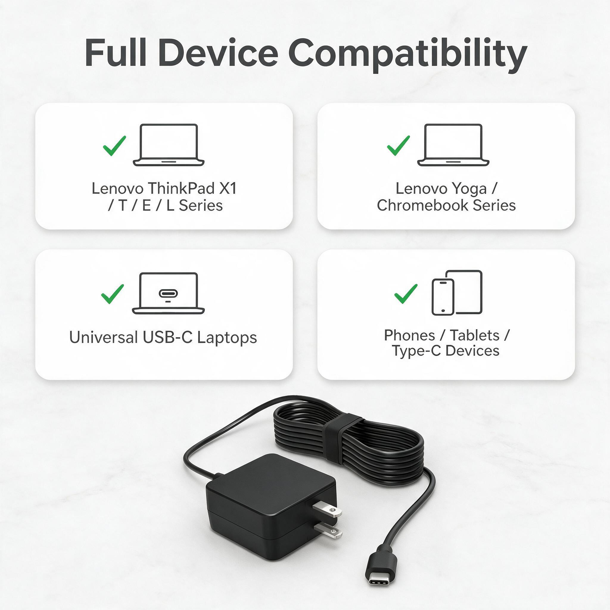 45W USB C Charger Fit for Lenovo ThinkPad T480s T580s E480 E580 E590 Chromebook 300e 500e c330 c630 Yoga 7i 9i 14" 15" 2 in 1 Yoga S730 C940 C740 730s-13 s730-13Y Laptop Power Supply Adapter.