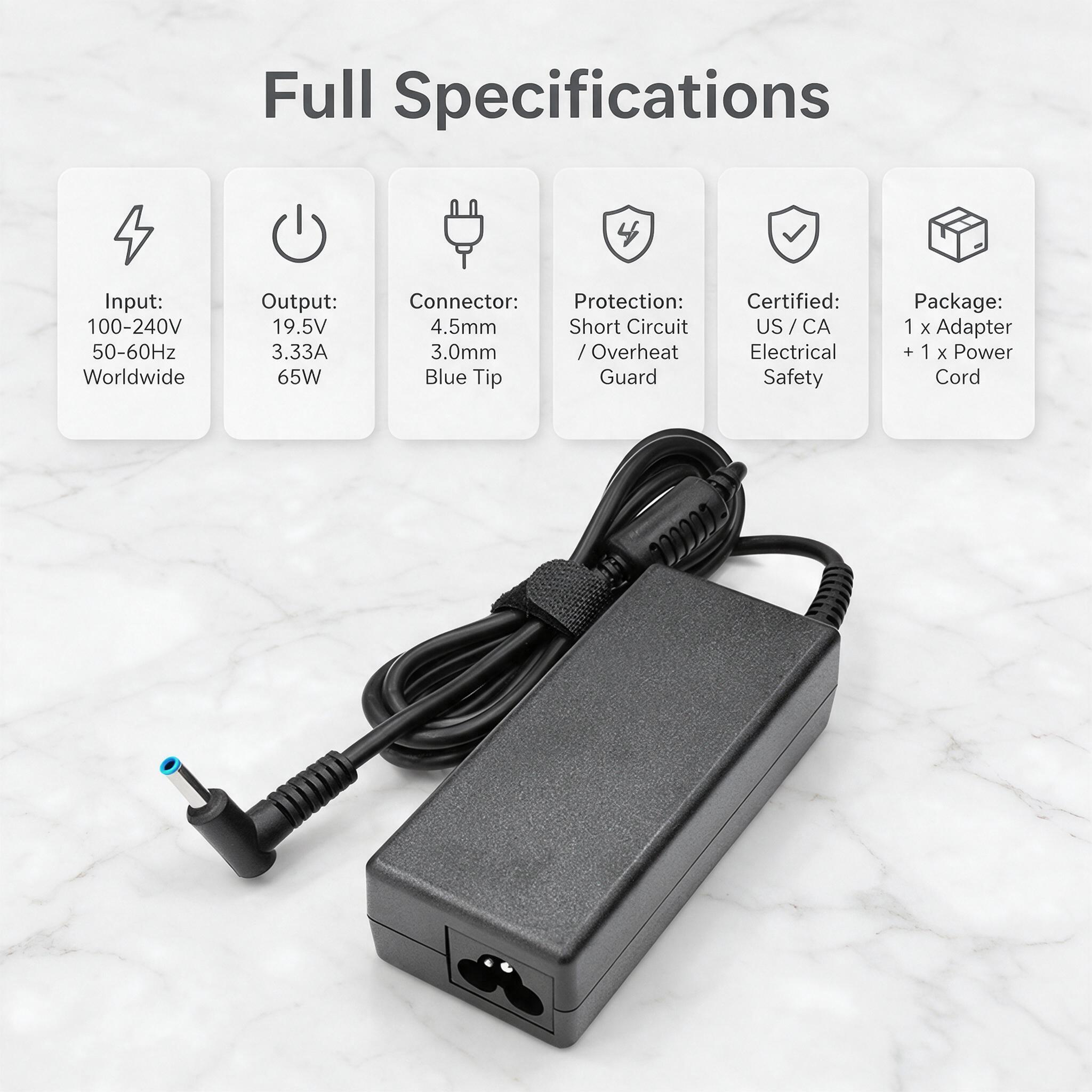 Replacement for HP Laptop Charger 65W 45W Computer Charger Smart Blue Tip Power Adapter